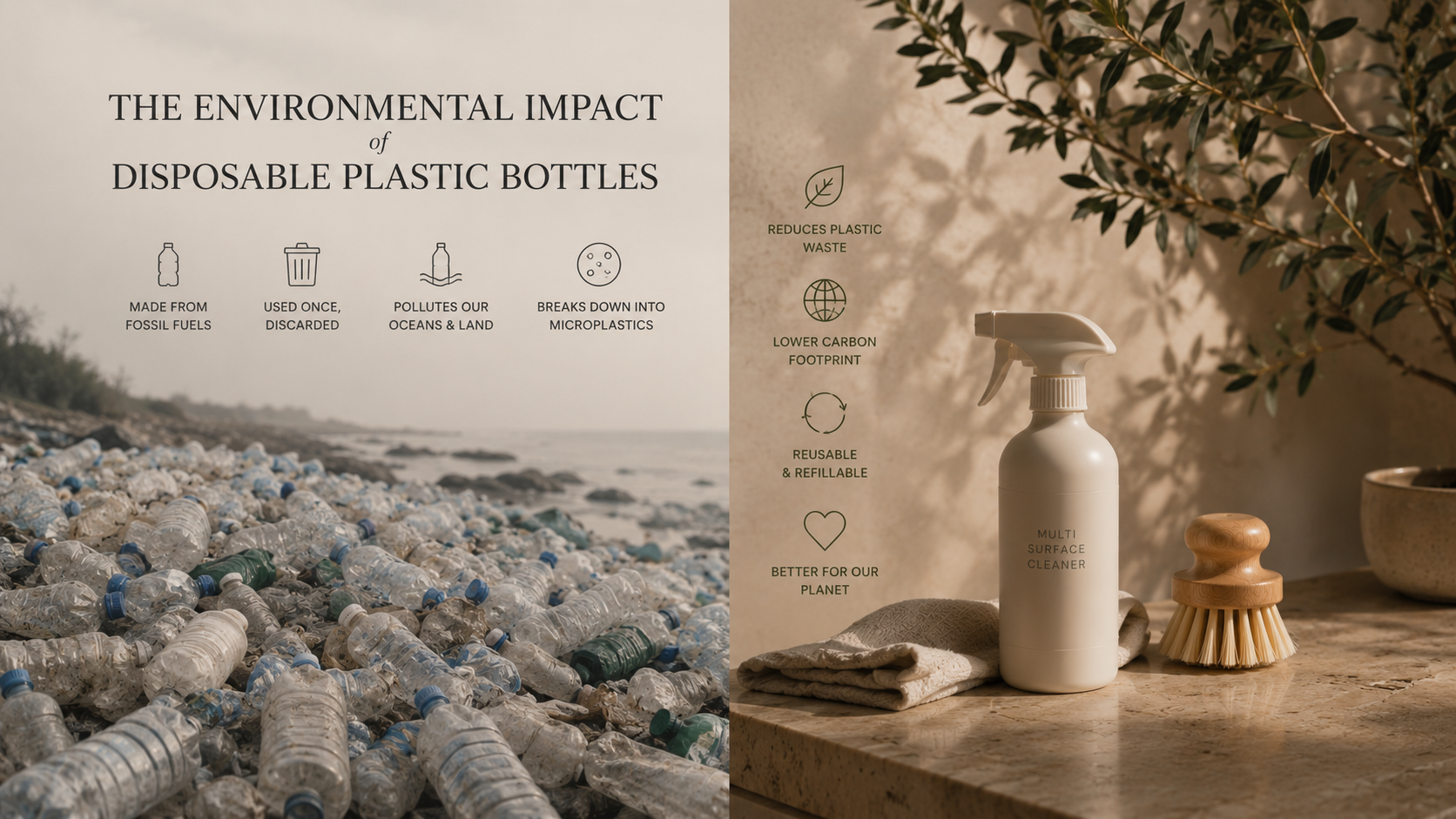 Comparison between plastic bottle waste and sustainable reusable home care products for reducing environmental impact.
