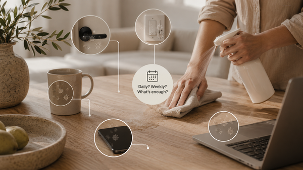 Common high-touch surfaces in a home including light switches, door handles, phones, and countertops that require regular cleaning.