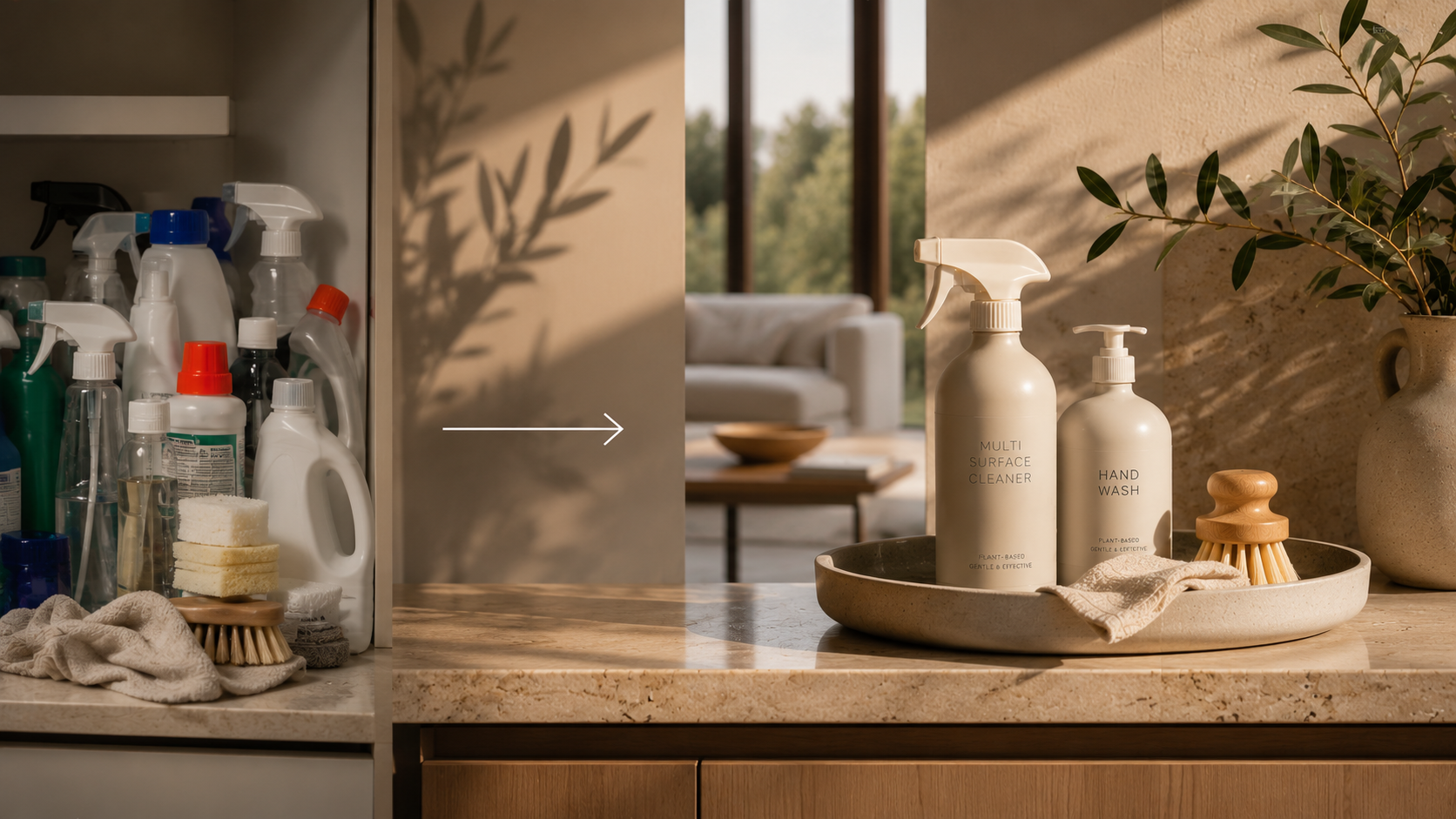 Minimalist home care setup featuring simple cleaning essentials and an organized living space.