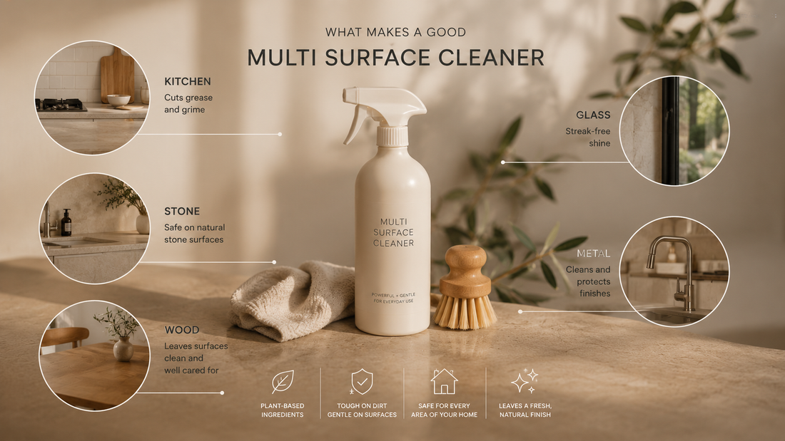 Multi surface cleaner suitable for wood, stone, glass, metal, and everyday household cleaning tasks.