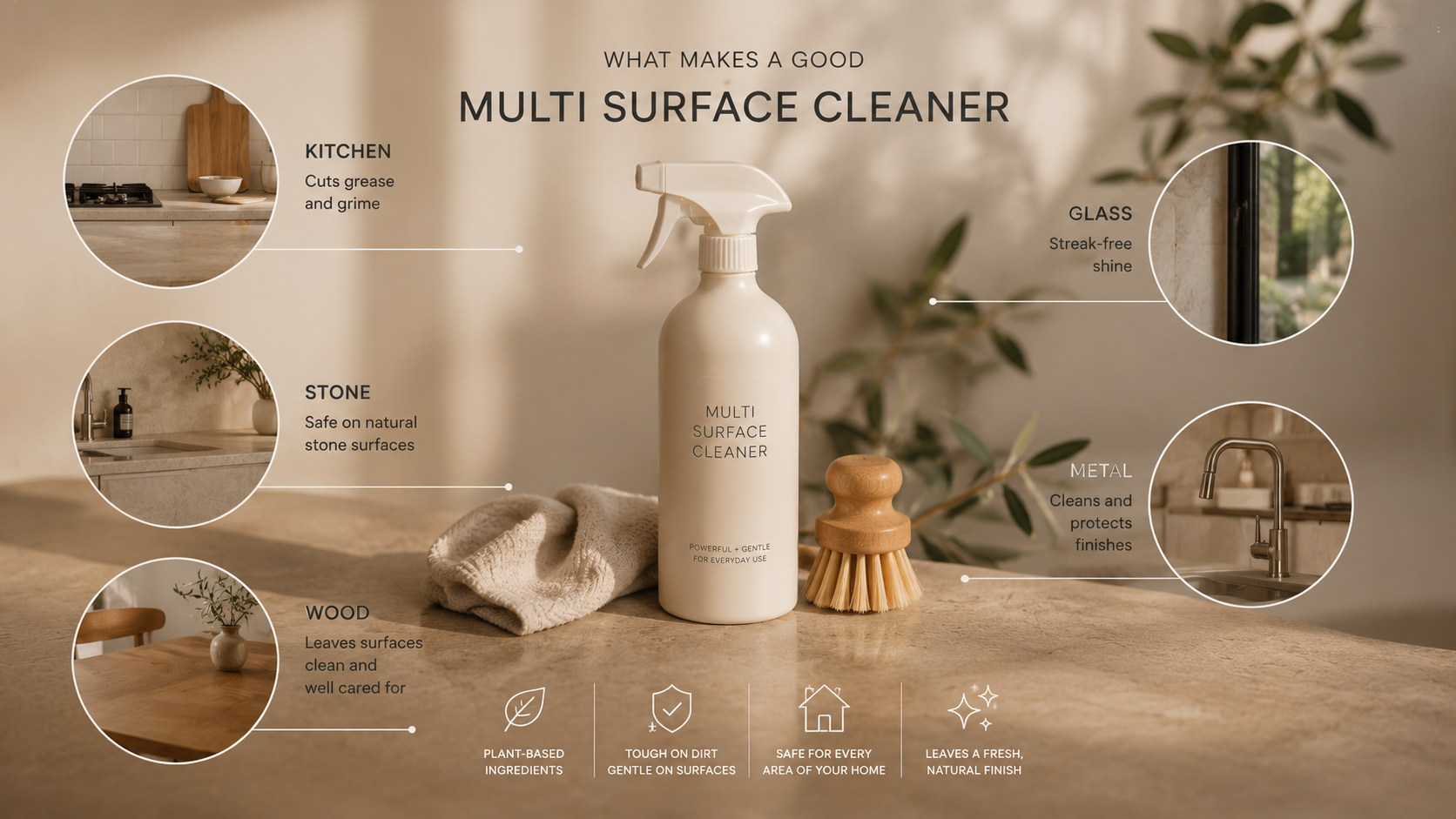 Multi surface cleaner suitable for wood, stone, glass, metal, and everyday household cleaning tasks.