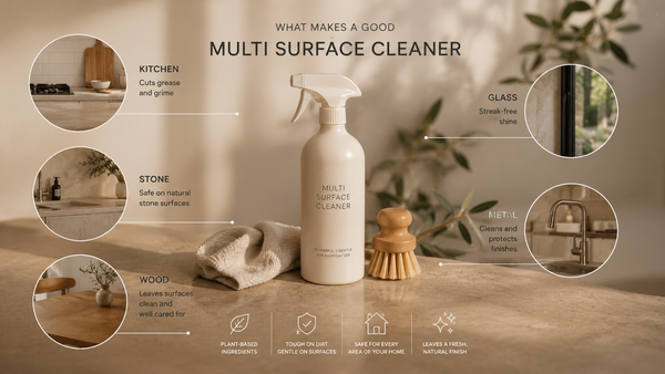 Multi surface cleaner suitable for wood, stone, glass, metal, and everyday household cleaning tasks.