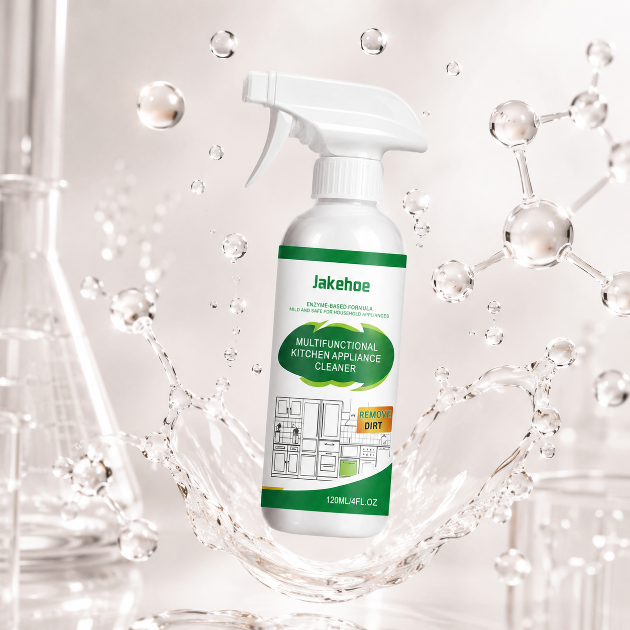 Multifunctional kitchen appliance cleaner spray bottle with molecular structure background
