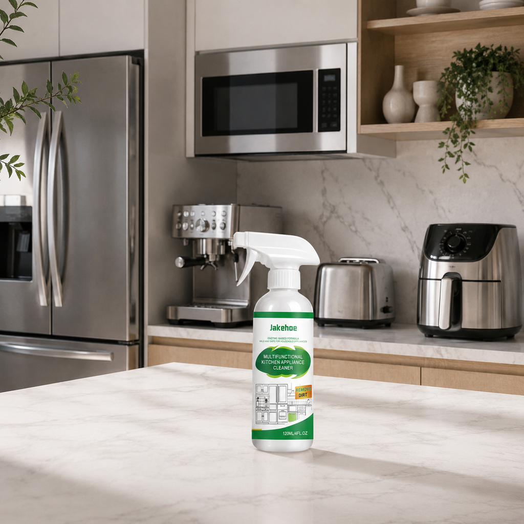 Spray bottle on a kitchen counter with appliances in the background