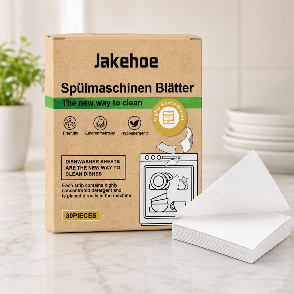 Jakehoe dishwasher sheets eco-friendly detergent strips box with concentrated cleaning sheets displayed on a modern kitchen countertop.