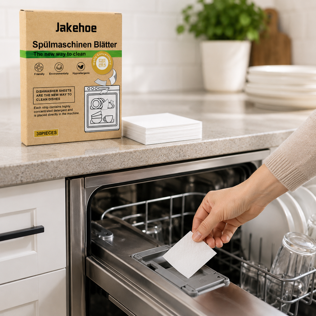 Person placing a Jakehoe dishwasher sheet into a dishwasher detergent compartment in a modern kitchen.