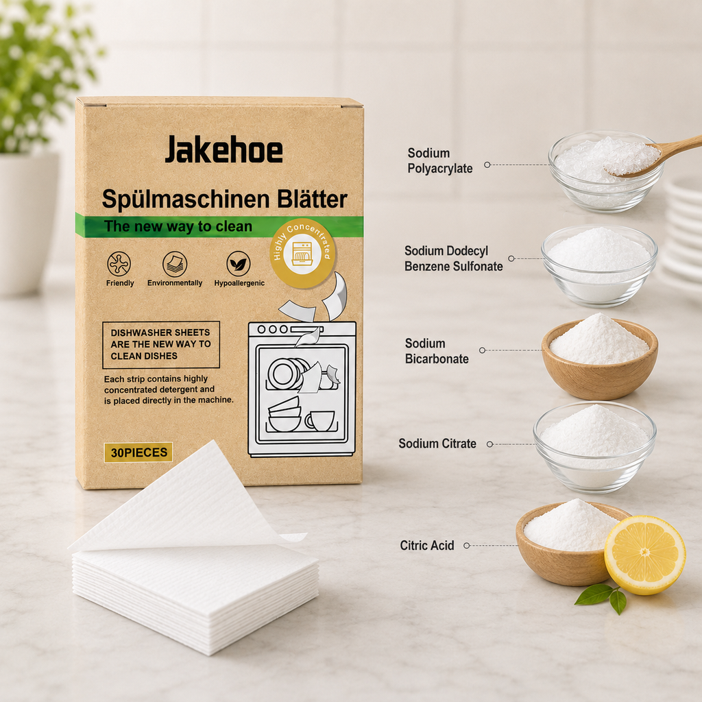 Jakehoe dishwasher sheets with ingredient showcase including Sodium Polyacrylate, Sodium Dodecyl Benzene Sulfonate, Sodium Bicarbonate, Sodium Citrate and Citric Acid.