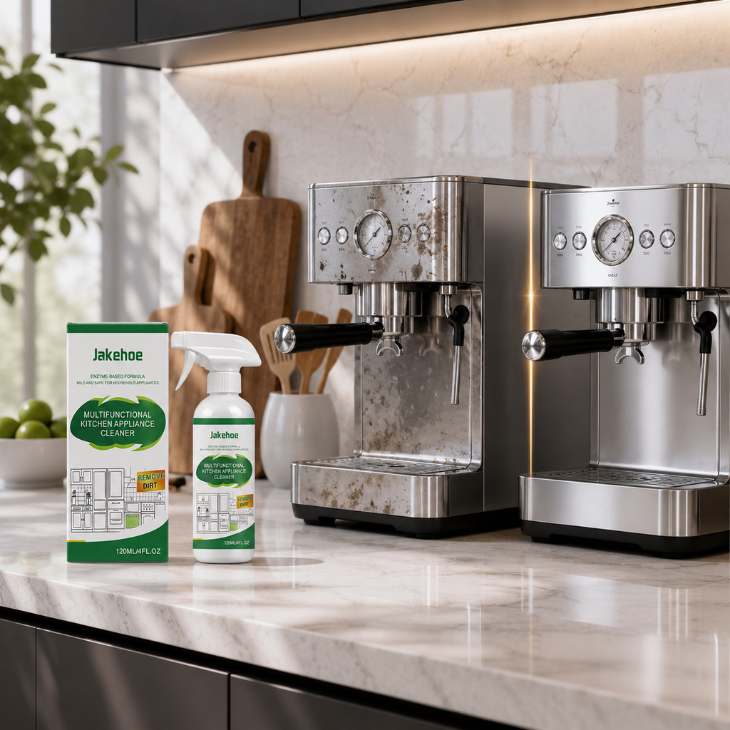 Two espresso machines on a kitchen counter with Jakehoe cleaning products displayed.
