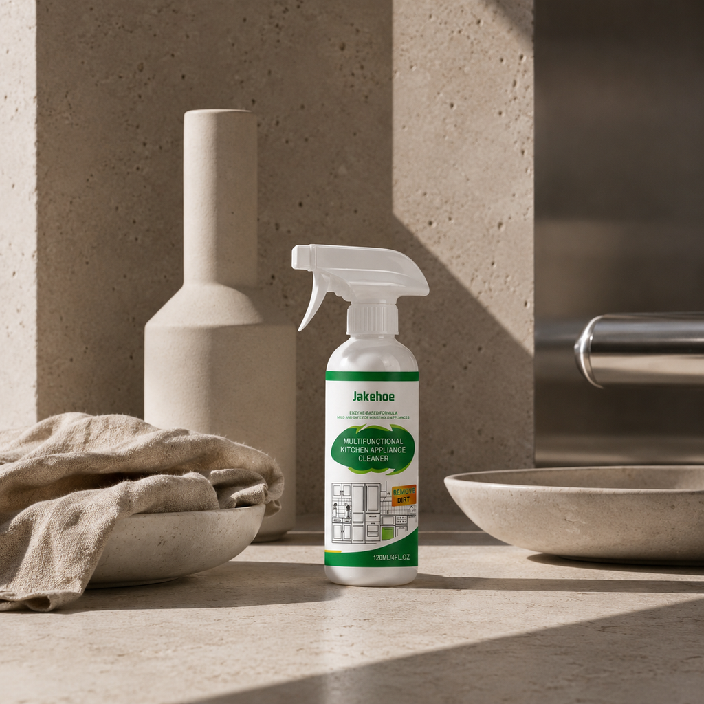 Spray bottle with a label on a concrete surface with a vase and towel in the background