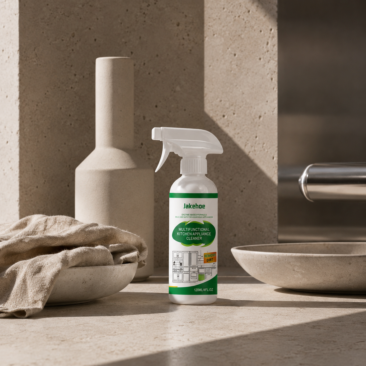 Spray bottle with a label on a concrete surface with a vase and towel in the background